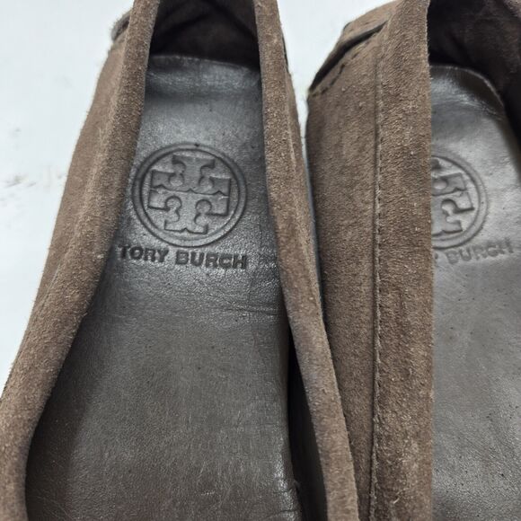 TORY BURCH KENDRICK Drivers Moccasin/Loafer brown Suede leather Gold Logo sz 5.5 - Picture 5 of 11